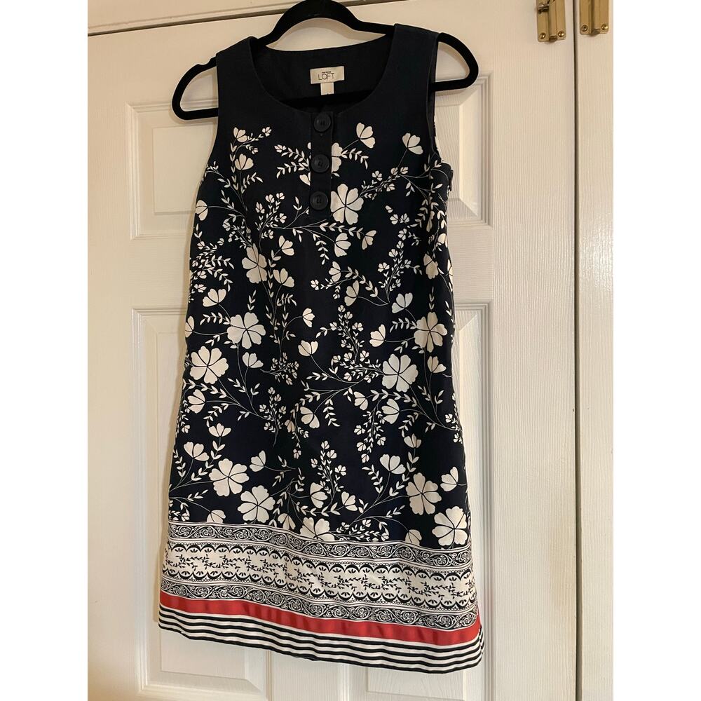 Loft sleeveless floral print shift dress navy and white size 4